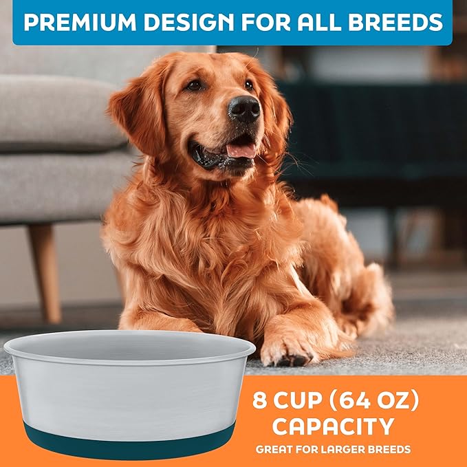 Master Pet Supply Stainless Steel Dog Bowls Set of 2 with Extra Thick Silicone Base - 8 Cup (64 oz) Emerald Sea, Non-Slip, Dishwasher Safe Metal Bowls, Pet Dog Food Bowl for Dogs, Cats, Anti Rust