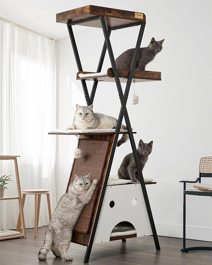 Modern Wood Cat Tree Tower for Indoor Cats Large Adult - 67 Inch Tall Multi-Level Heavy Duty Cat Condo Trees Furniture with Caves Perch Bed Scratching Board - XL Big Sturdy Wooden Kitty Climbing House
