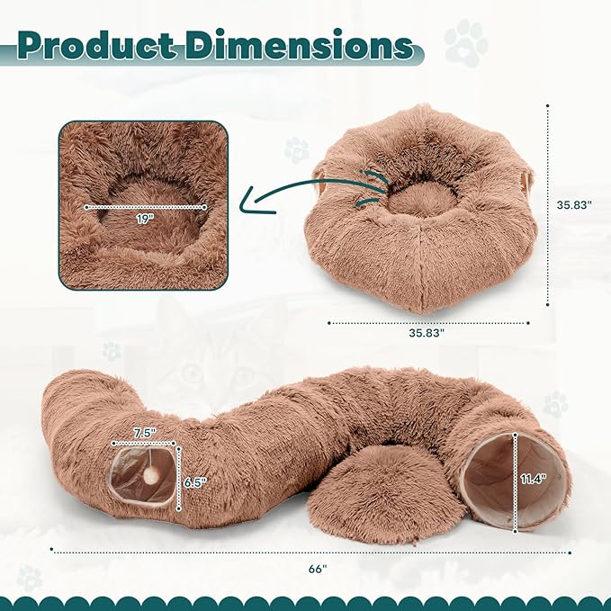 DUMOS Cat Tunnel Bed for Indoor Cats Cave Donut Play Tunnel with Soft Plush Peekaboo, Circle Cushion, Washable Multifunctional Playground Under Tree Pet Toys for Kittens, Puppy Rabbit, Ferret - Brown
