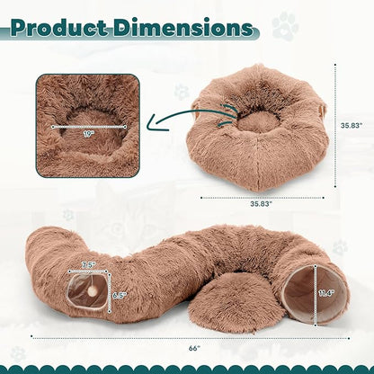 DUMOS Cat Tunnel Bed for Indoor Cats Cave Donut Play Tunnel with Soft Plush Peekaboo, Circle Cushion, Washable Multifunctional Playground Under Tree Pet Toys for Kittens, Puppy Rabbit, Ferret - Brown