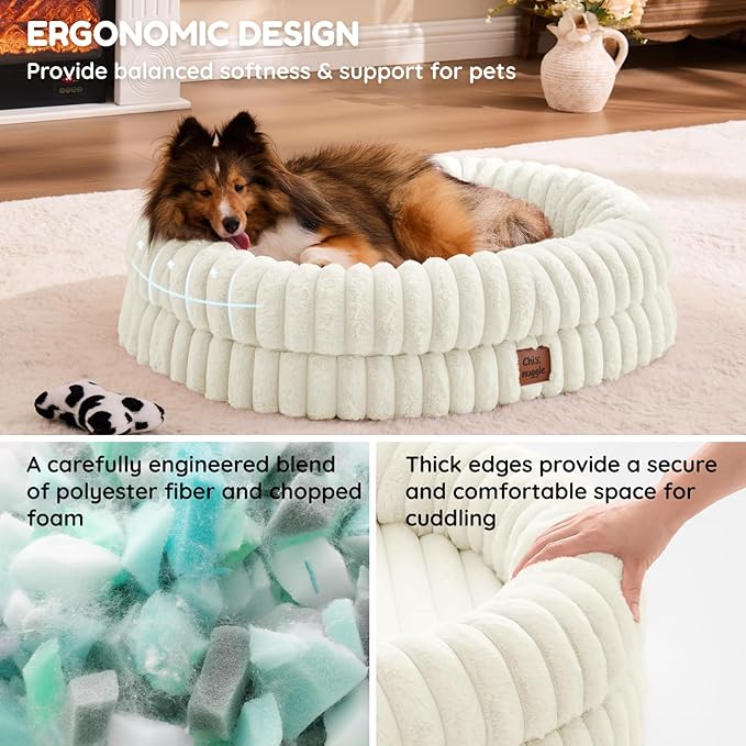 Dog Bed Medium Sized Dog - Luxury Striped Faux Fur Waterproof Pet Couch with Removable Washable Cover, Orthopedic Pet Bed with Bolster Sides for Sleeping, Cream