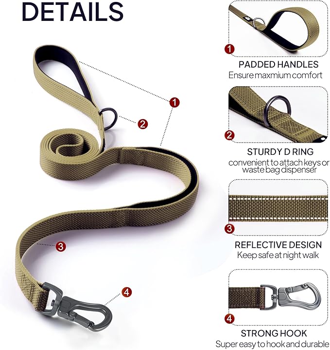 TwoEar 4FT 1IN Strong Brown Dog Leash with 2 Padded Handles, Traffic Handle Extra Control, Comfortable Soft Dual Handle, Auto Lock Hook, Reflective Walking Lead for Small Medium and Large Dogs