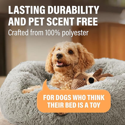 Active Pets Calming Plush Dog Bed Donut Joint Support Anxiety Relief Washable Pet Bed with Removable Cover for Dogs Cats, Large 36", Light Grey