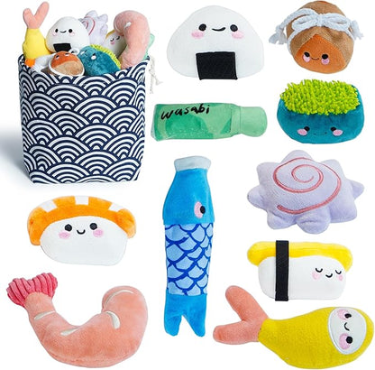 Nocciola 10 PCS Sushi Small Dog Toys to Keep Them Busy, Cute Stuffed Puppy Toys with Bag, Plush Dog Squeaky Toy for Small to Medium Dog Christmas Stocking Stuffers