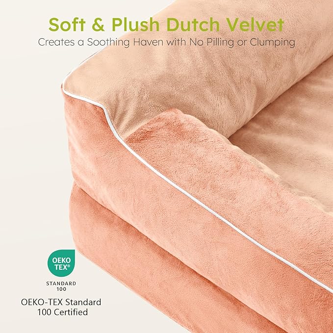 CWAWZ Dog Beds for Large Dogs, Orthopedic Dog Bed with Cooling Gel Memory Foam, Waterproof Large Pet Bed with Removable Washable Cover, 36" Pet Sofa Couch Dutch Velvet with Bone Toy, Peach Pink
