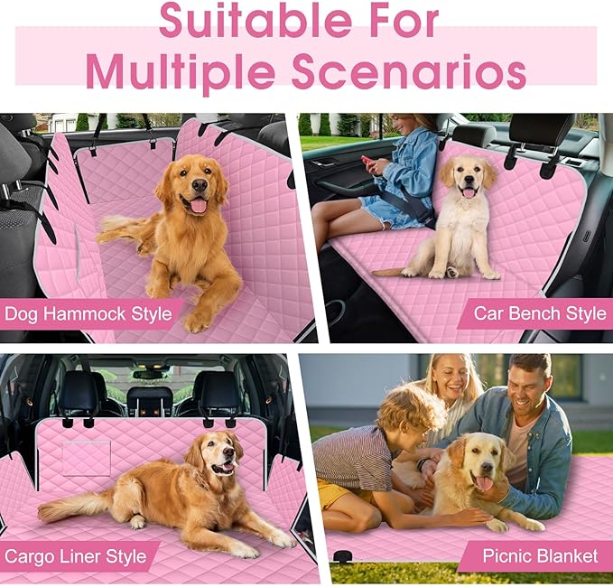 NECKORY Waterproof Dog Car Seat Cover for Back Seat - Durable, Scratch Proof Pet Hammock with Nonslip Design & Storage Pockets, Fits Cars, SUVs, Trucks - L, Pink/Grey