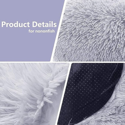 Calming Donut Dogs Beds for Small Dogs Washable,23inch Plush Round Pet Bed for Cozy Sleep,Fluffy Faux Fur Large Cat Bed,Fits up to 25 lbs Pets,Frost Grey