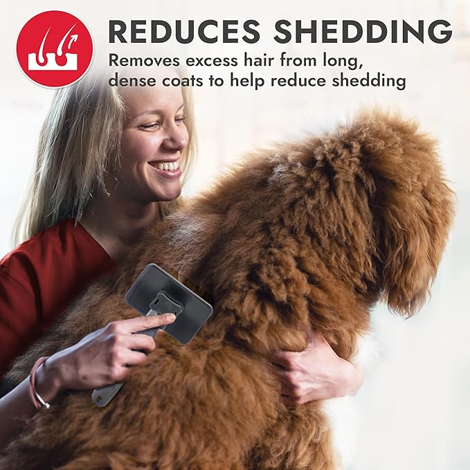 KONG Large Self-Cleaning Slicker Brush – Easy Hair Removal, Reduces Shedding, Non-Slip Grip, Long Metal Pins, for Medium to Large Dogs with Medium to Long Coats, Red/Gray