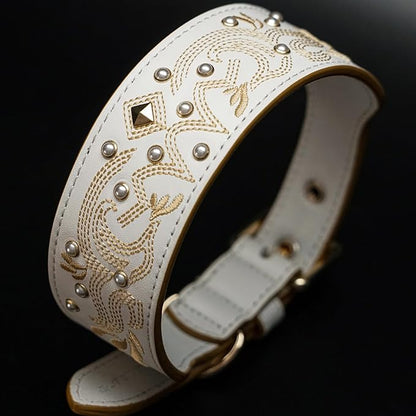 Blueberry Pet Western Genuine Leather Dog Collar for Medium Breeds, Pearl White - Floral Embroidery, Pearl Studs, Adjustable 15-18 Inch Neck, Dog Collars for Medium Dogs