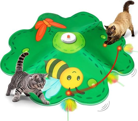 FEELNEEDY Rechargeable Cat Toys, 2 in 1 Hide and Seek Game Interactive Cat Toy, Movable LED Red Dot, Concealed Feathers, Durable Exercise Toys for Indoor Cats, Bored Adult Cats Wand Toy, Green