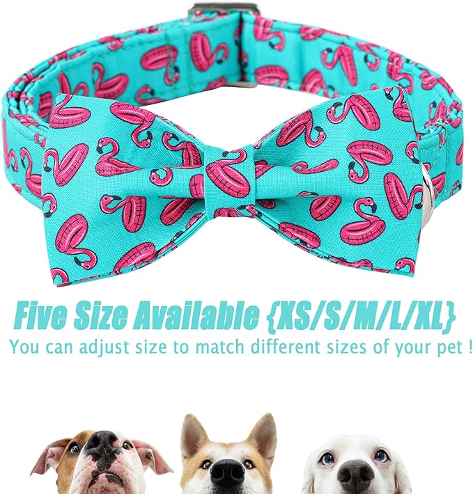 Summer Dog Collar with Bow Tie, Cute Flamingo Float Bowtie Dog Collar, Durable Adjustable Cotton Pet Collar for Small Medium Large Dogs XS