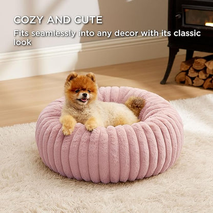 Bedsure ComfyFleece Donut Small Dog Bed - Dog Beds for Small Dogs with Corduroy Fleece & Anti Slip Bottom, Round Faux Fur Pet Beds with Washable Removable Cover, Blush Pink, 23x23x7 inches