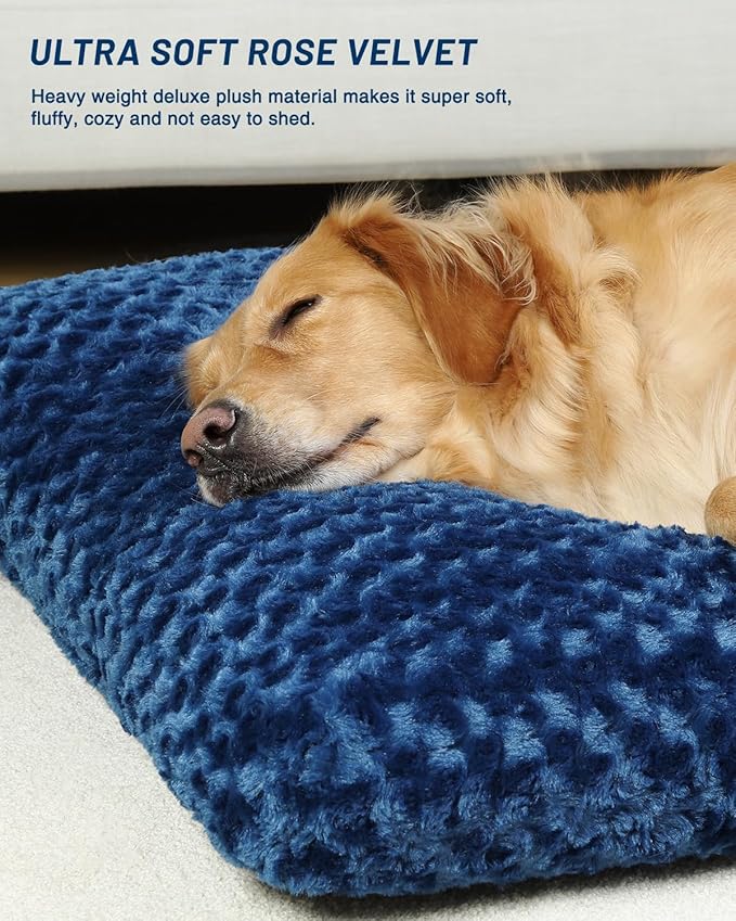KSIIA Washable Dog Bed Comfy Dog Crate Pad Deluxe Plush Pet Bed Non-Slip Kennel Pad for Large Dogs, 35" x 23", Blue