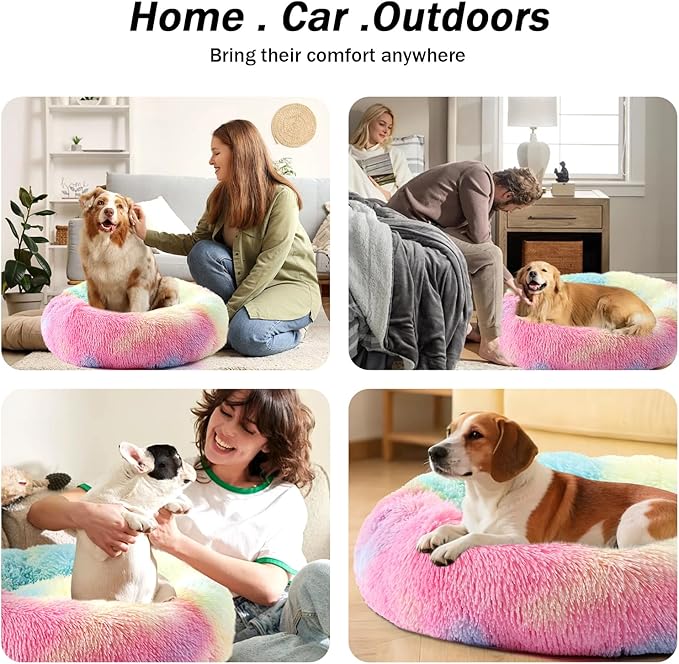 NOYAL Calming Donut Dog Bed for Small to Medium Dogs & Cats - Plush Faux Fur Anti-Anxiety Pet Bed with Machine Washable Cover & Non-Slip Base