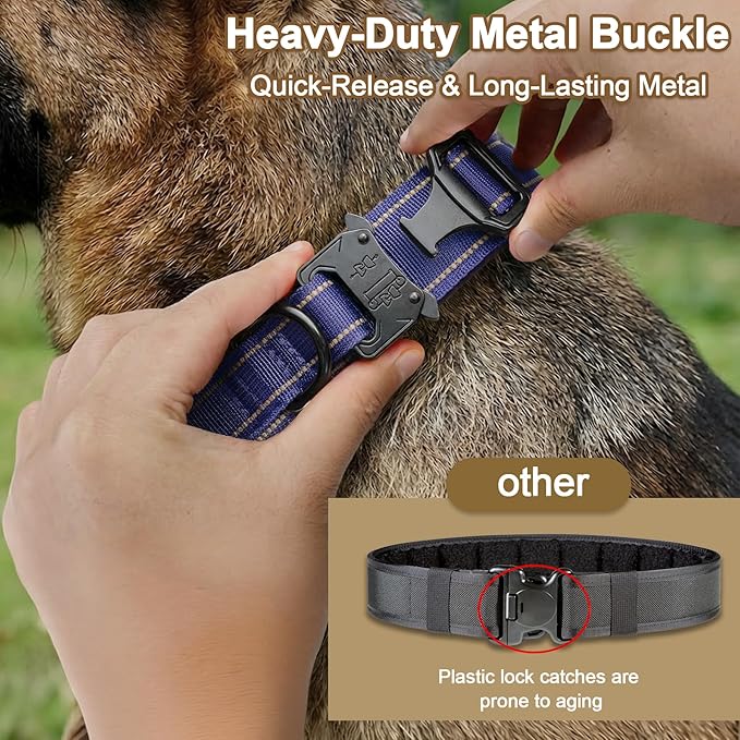 KCUCOP Tactical Dog Collar for Medium & Large Dogs - Military Nylon Heavy Duty Collar with Handle, Reflective Strip & Metal Buckle for Training, Outdoor (Dark Blue Reflective, Large)