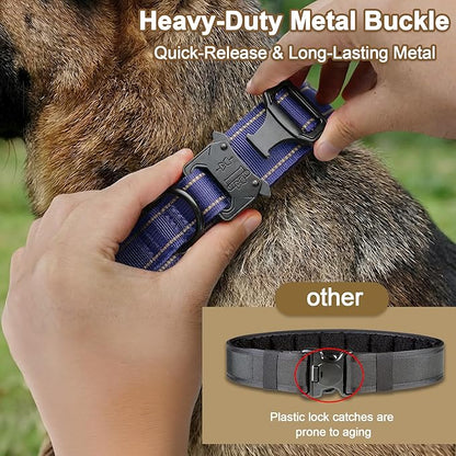 KCUCOP Tactical Dog Collar for Medium & Large Dogs - Military Nylon Heavy Duty Collar with Handle, Reflective Strip & Metal Buckle for Training, Outdoor (Dark Blue Reflective, Large)