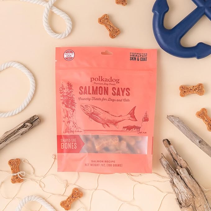 Polkadog Salmon Says Bone Shaped Dog Treats – Crunchy, All Natural, Limited Ingredient Healthy Treats. Handcrafted & Made in USA. High in Omega-3, Hypoallergenic, Easy to Digest, for All Breeds – 7oz