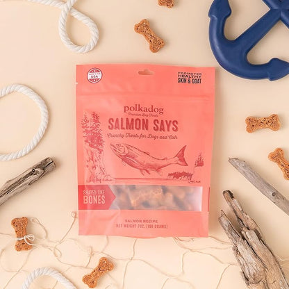 Polkadog Salmon Says Bone Shaped Dog Treats – Crunchy, All Natural, Limited Ingredient Healthy Treats. Handcrafted & Made in USA. High in Omega-3, Hypoallergenic, Easy to Digest, for All Breeds – 7oz