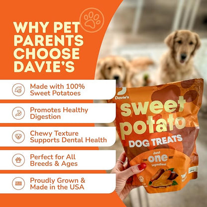 Davie's Sweet Potato Dog Treats - Healthy Treats Made in USA Only, Natural, Healthy Dog Chews, Low Fat, 1 lb Bag - Pack of 2