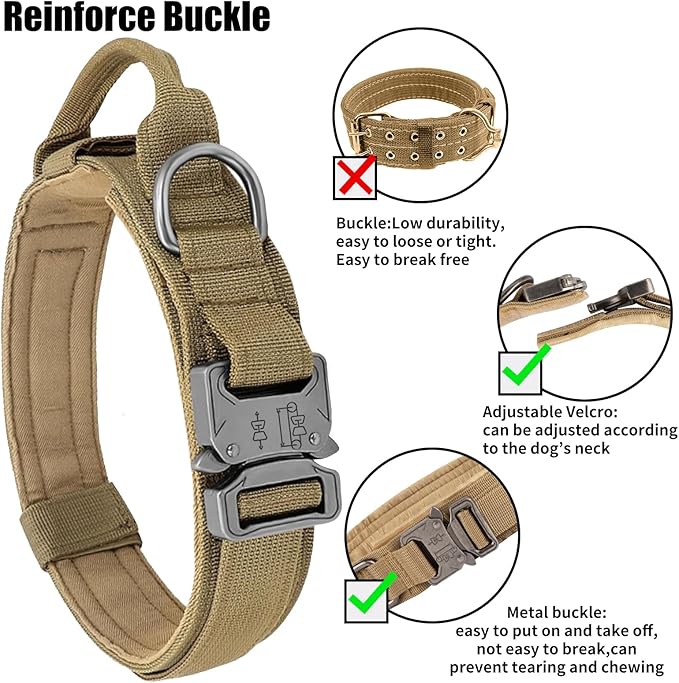Tactical Dog Collar - Military Dog Collar, Adjustable Heavy Duty Metal Buckle Nylon with Control Handle for Small Medium Large Dogs (Brown, M)