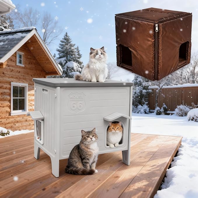 Weatherproof Outdoor Cat House with Insulated Liner for Feral Cat, Plastic Elevated Cat Shelter with Escape Door, Easy Assemble, Expansive Interior‌ Grey 22.0" L x 21.0" W x 16.0" H