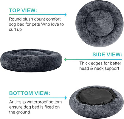 SAVFOX Plush Calming Donut Dog Beds for Small Dogs, Medium, Large & X-Large Breeds, Comfy Cuddler Dog Bed and Cat Bed in Faux Fur, Washable, Multiple Sizes S-XXL