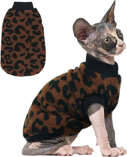 PUMYPOREITY Winter Warm Cat Sweater with Stretch Ribbed Collar & Cuffs, Snug & Secure Fit with Soft Plush Fleece, Easy-On Cat Sweatshirt for Indoor/Outdoor Use,Brown, M