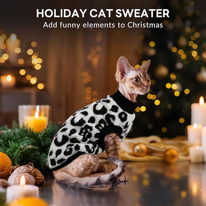 PUMYPOREITY Cozy Fleece Cat Sweater - Stretchy & Warm Knitted Cat Shirt, Super Soft Kitten Sweater, Machine Washable Pet Clothing for Comfort & Style, Black Leopard, XS
