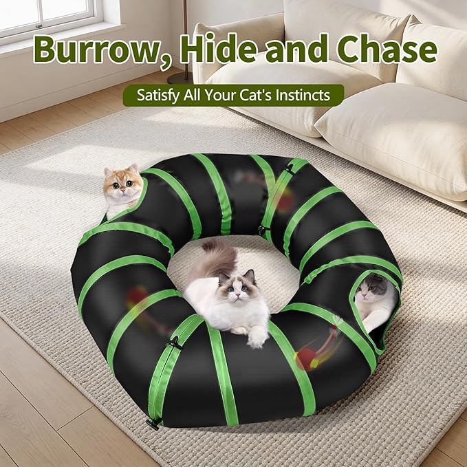Interactive Cat Toy with Motorized Ball & Collapsible Tunnel - Fast Rolling Motion-Activated, Hide & Seek Puzzle Game for Indoor Adult Cats & Kittens, Stimulating Hunting Self Play Boredom Buster