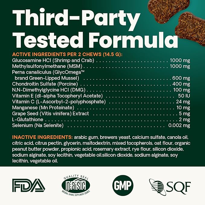 VetriScience Ultimate Strength Hip & Joint Supplement for Dogs, GlycoFlex Plus – MSM, Chondroitin & Green-Lipped Mussel Chews for Mobility, Flexibility, Comfort & Support, Peanut Butter Flavor 120 Cnt