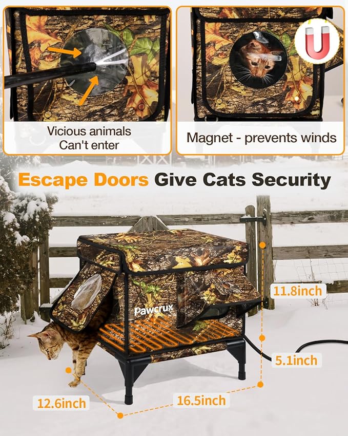 Weatherproof Heated Cat House for Outdoor in Winter, Heated Cat Bed Kitty Shelter with Cat Heating Pad, Insulated & Safe Escape Door, Warm House for Outside Stray Cat (Leaf Color, 12"x16"x16")