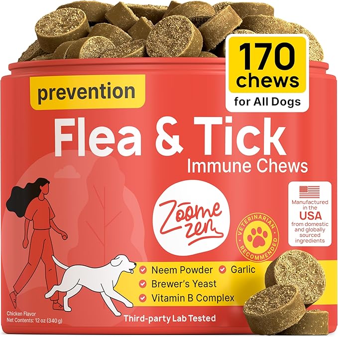 ZOOMEZEN Flea and Tick Prevention for Dogs Chewable – Natural Flea Pills for Dogs, All Breeds & Ages, Chicken Flavor – Dog Flea and Tick Treatment Chewable Supplement – 1 Pack, 170 Count, Made in USA