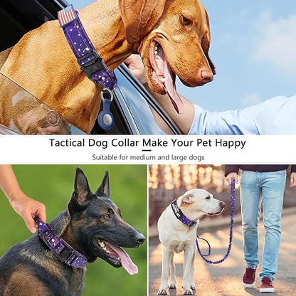 DAGANXI Tactical Dog Collar, Adjustable Military Training Nylon Dog Collar with Control Handle and Heavy Metal Buckle for Medium and Large Dogs, with Patches and Airtags Case (XL, Purple Sky-Set)