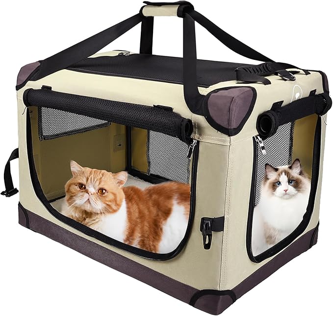 PEGIC Large Cat Carrier for Car Travel, Soft Sided Collapsible Pet Carrier for Outdoor and Indoor Uses, Roomy Extra Large Cat Carrier for 2 Kittens or Puppies Up to 50lbs (Brown)