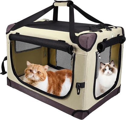 PEGIC Large Cat Carrier for Car Travel, Soft Sided Collapsible Pet Carrier for Outdoor and Indoor Uses, Roomy Extra Large Cat Carrier for 2 Kittens or Puppies Up to 50lbs (Brown)
