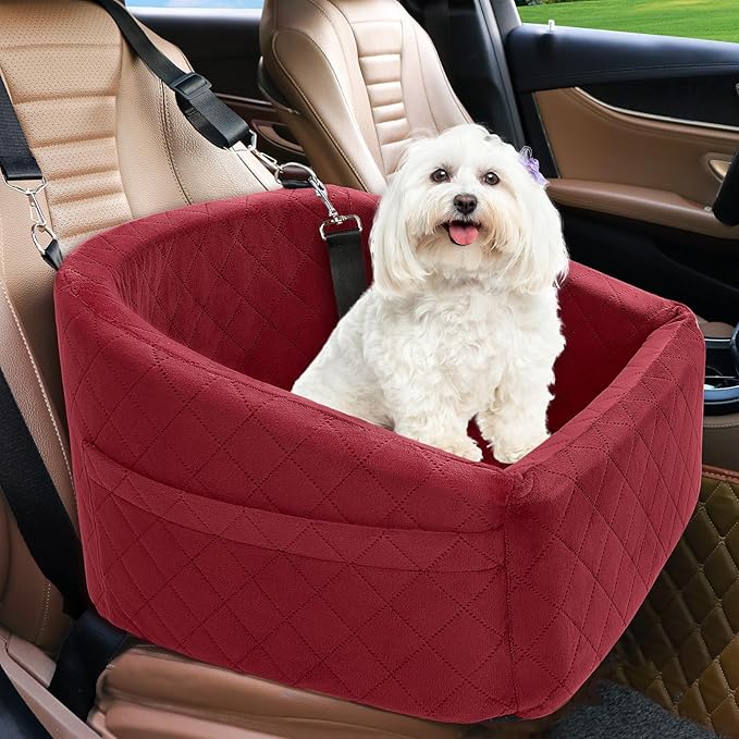 NEEZUKAR Dog Car Seat for Small Medium Dogs,Detachable Washable Dog Booster Seat Under 30lbs, Pet Car Seats Travel Bed with Storage Pockets and Safety Belt(Red)