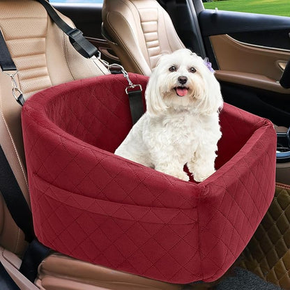 NEEZUKAR Dog Car Seat for Small Medium Dogs,Detachable Washable Dog Booster Seat Under 30lbs, Pet Car Seats Travel Bed with Storage Pockets and Safety Belt(Red)