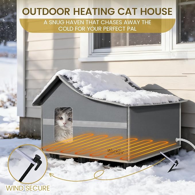 Heated Cat House for Outside Pets in Winter, Heated Outdoor Cat House Weatherproof, Insulated Cat Shelter with Heating Mat