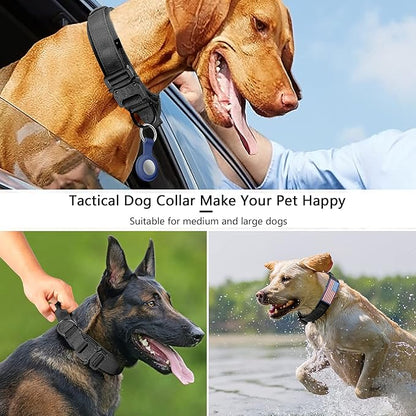 DAGANXI Tactical Dog Collar, Adjustable Military Training Nylon Dog Collar with Control Handle and Heavy Metal Buckle for Medium and Large Dogs, with Patches and Airtags Case (S, Black)