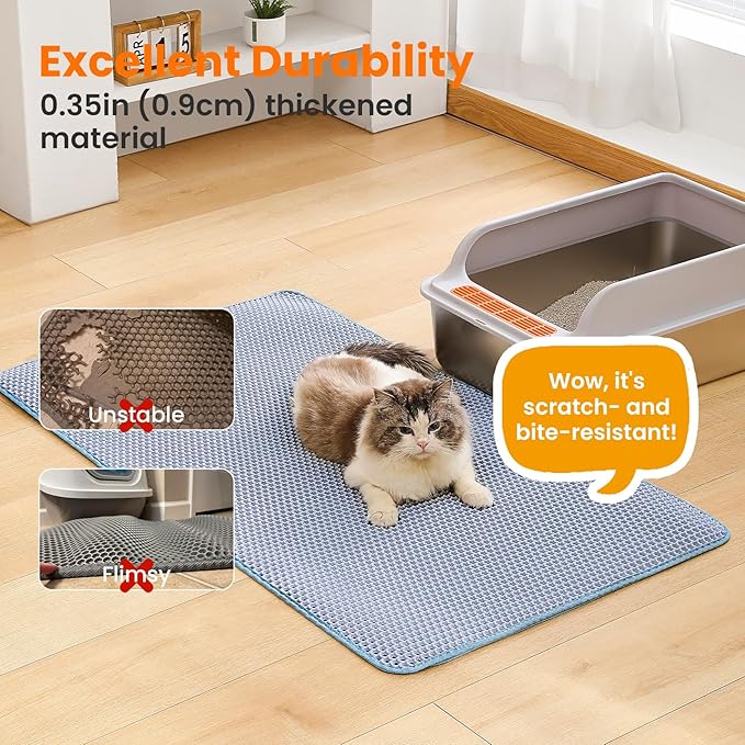 Petinstinct Jumbo Cat Litter Mat, 46x26 Inches Double Layer Honeycomb Litter Trapping Mat, Non Slip Waterproof Urine Proof Extra Large Cat Litter Box Mat, Kitten Supplies and Essentials, XXL, Blue