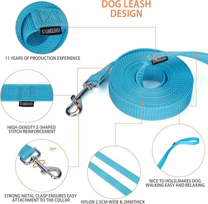 Siumouhoi Strong Durable Nylon Dog Training Leash, 1 Inch Wide Traction Rope, 6 ft 10ft 15ft Long, for Small and Medium Dog (Mint Blue, 15 Feet)