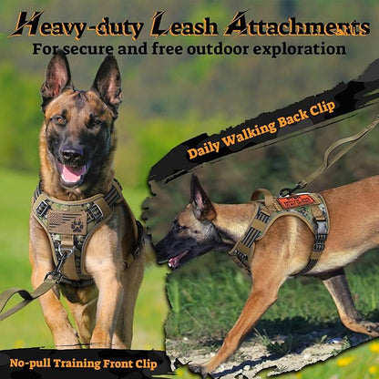 rabbitgoo Dog Harness for Large Dogs No Pull, Tactical Service Pet Vest with Molle and Control Handle, Adjustable and Reflective Military Harness for Easy Walking and Training, Brown camo, XL