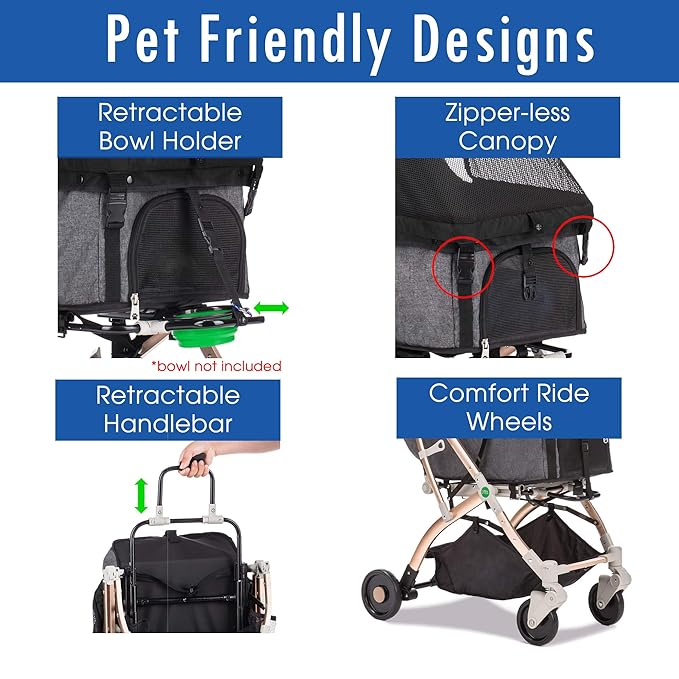 HPZ Pet Rover Lite Premium Light-Weight Dog/Cat/Pet Stroller Travel Carriage with Convertible Compartment/Zipper-Less Entry/1-Hand Quick Fold/Aluminum Frame for Small & Medium Pets (Black 2nd-Gen.)