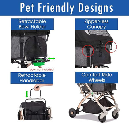 HPZ Pet Rover Lite Premium Light-Weight Dog/Cat/Pet Stroller Travel Carriage with Convertible Compartment/Zipper-Less Entry/1-Hand Quick Fold/Aluminum Frame for Small & Medium Pets (Black 2nd-Gen.)