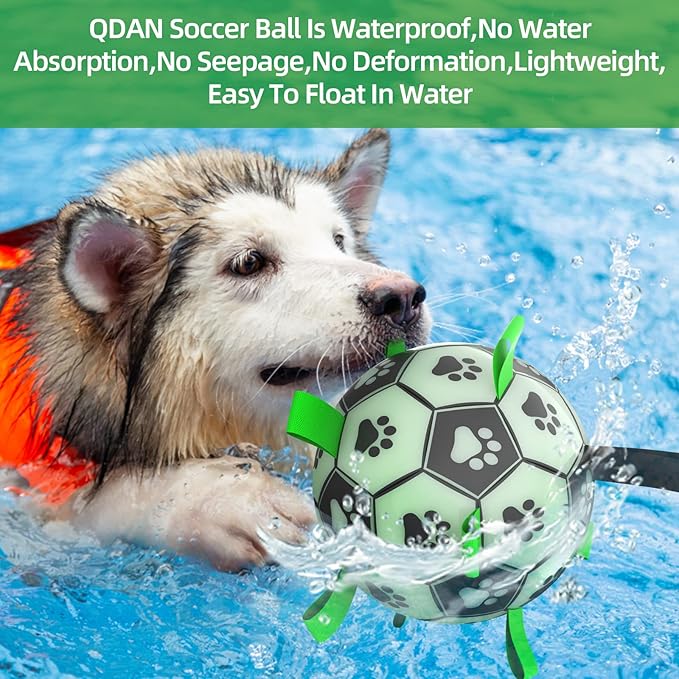 QDAN Glow in The Dark Dog Toys Soccer Ball with Straps, Outdoor Interactive Dog Toys Puppy Birthday Gifts, Dog Tug Water Toy, Light Up Dog Balls for Small & Medium Dogs（6 Inch Size 2）