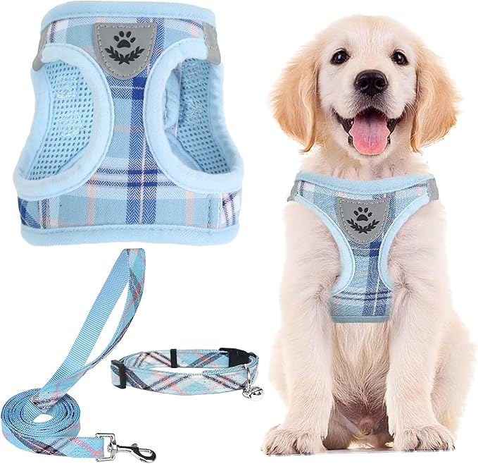 PUPTECK Adjustable Dog Harness Collar and Leash Set Step in No Pull Pet Harness for Small Medium Dogs Puppy and Cats Outdoor Walking Running, Soft Mesh Padded Reflective Vest Harnesses, Blue XL