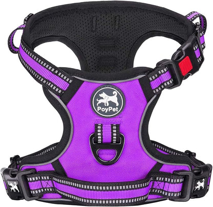 PoyPet No Pull Dog Harness, [Release on Neck] Reflective Adjustable No Choke Pet Vest with Front & Back 2 Leash Attachments, Soft Control Training Handle for Small Medium Large Dogs(Purple,XL)