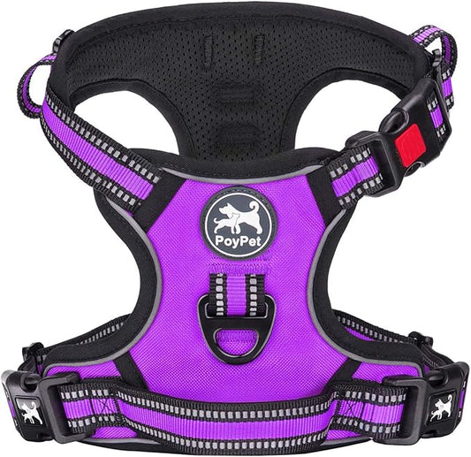 PoyPet No Pull Dog Harness, [Release on Neck] Reflective Adjustable No Choke Pet Vest with Front & Back 2 Leash Attachments, Soft Control Training Handle for Small Medium Large Dogs(Purple,XL)