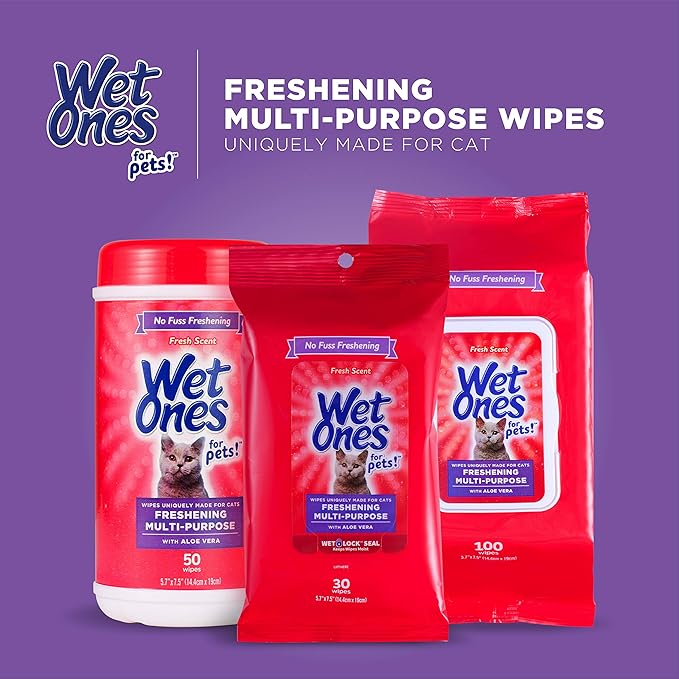 Wet Ones for Pets Freshening Multipurpose Wipes for Cats with Aloe Vera, Fresh Scent - Easy to Use Cat Cleaning Wipes for Pet Grooming in Canister, 50 Count - 3 Pack