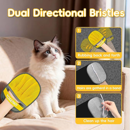 YOSEPATI Thickened Ectrostatic Pet Hair Removal Glove for Cat & Dog, Upgraded Five-Finger Reusable Magic Brush Pet Hair Remover Tool for Couch, Clothing, Carpet & Car Seat (2Pcs-Grey & Yellow)
